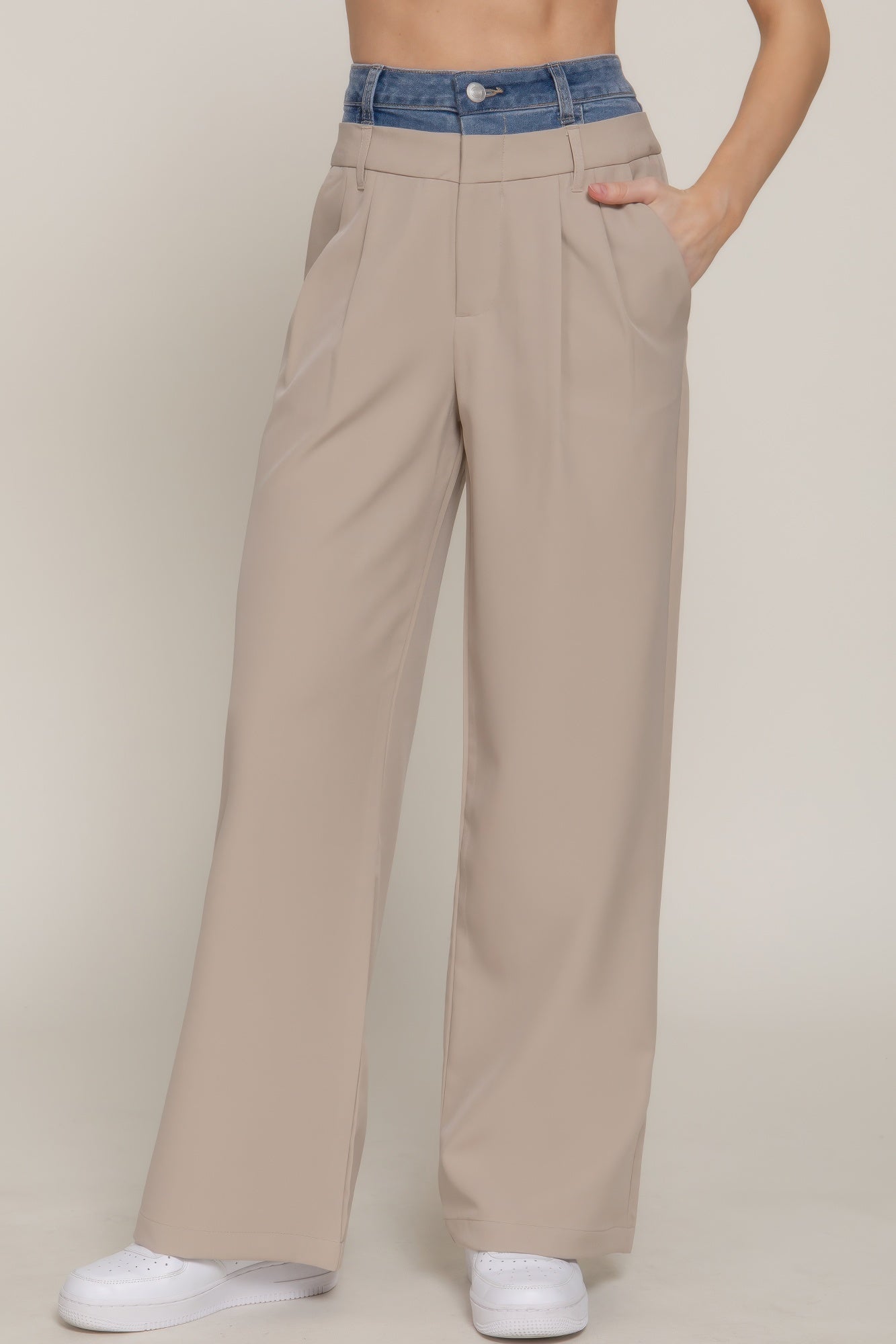Contrast Denim Waist Straight Long Pants-Product Type | Naughty Smile Fashion