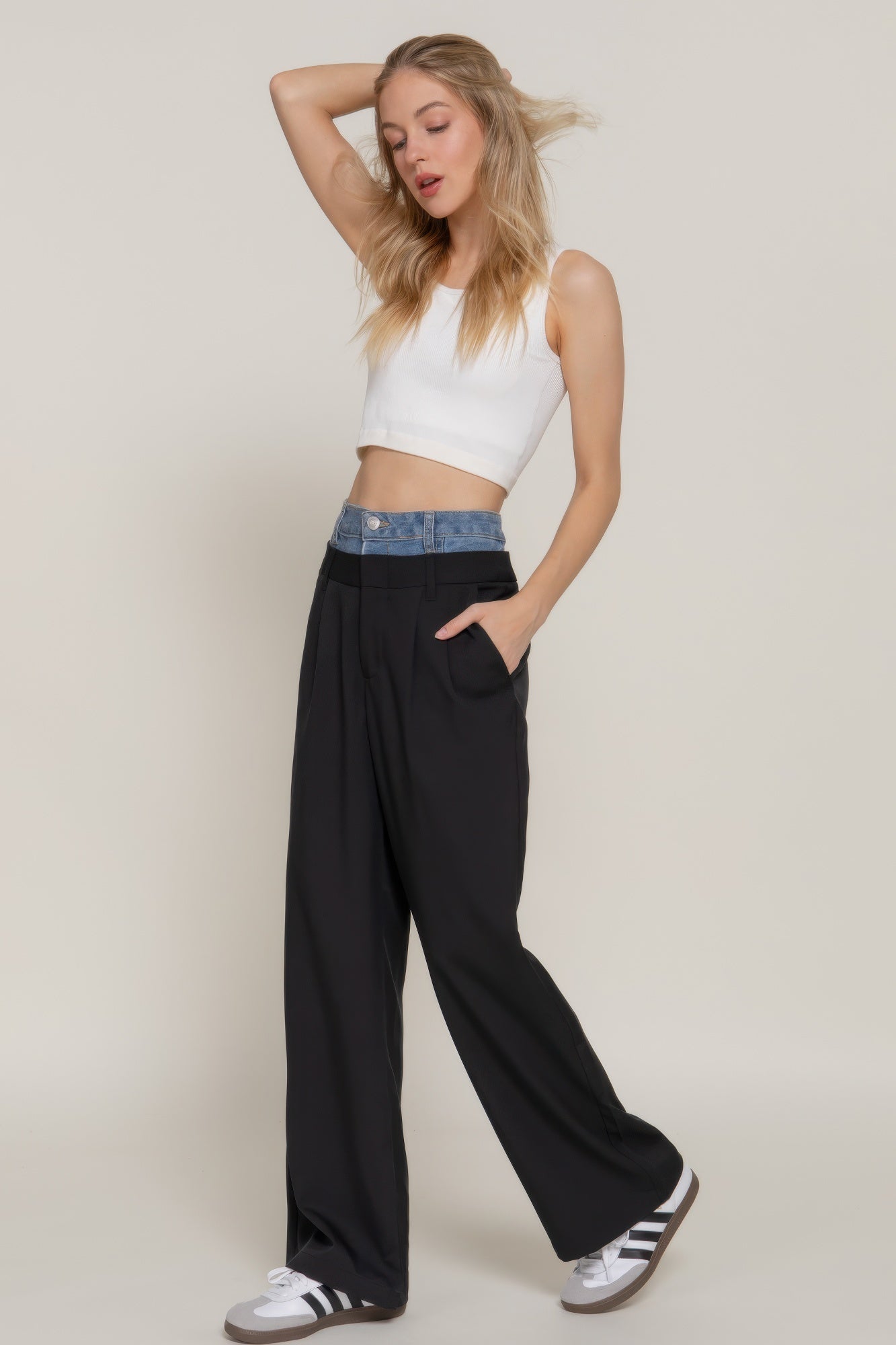 Contrast Denim Waist Straight Long Pants-Product Type | Naughty Smile Fashion