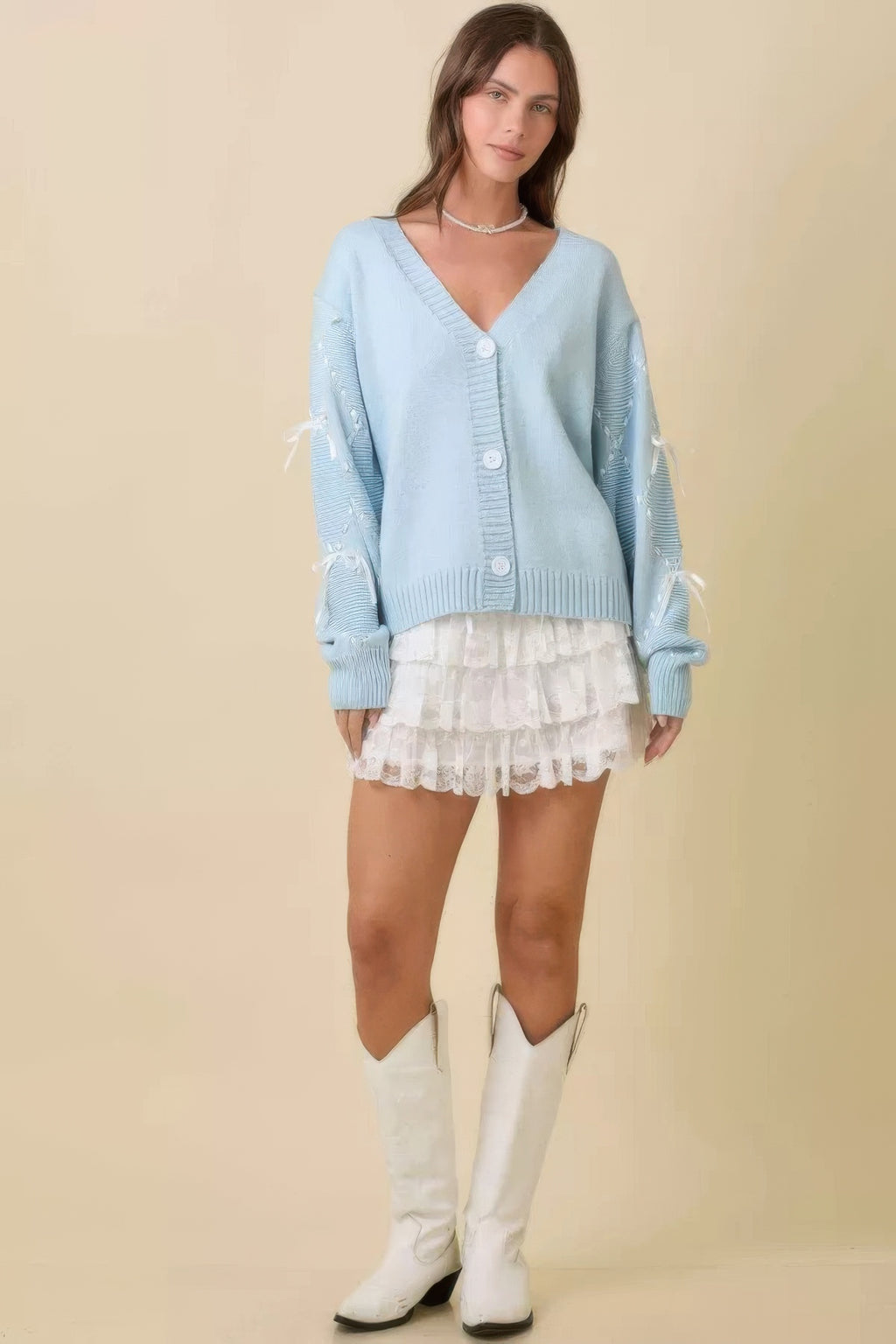 Hand Sewn Satin Ribbon Detail On Sleeve Cardigan-Product Type | Naughty Smile Fashion