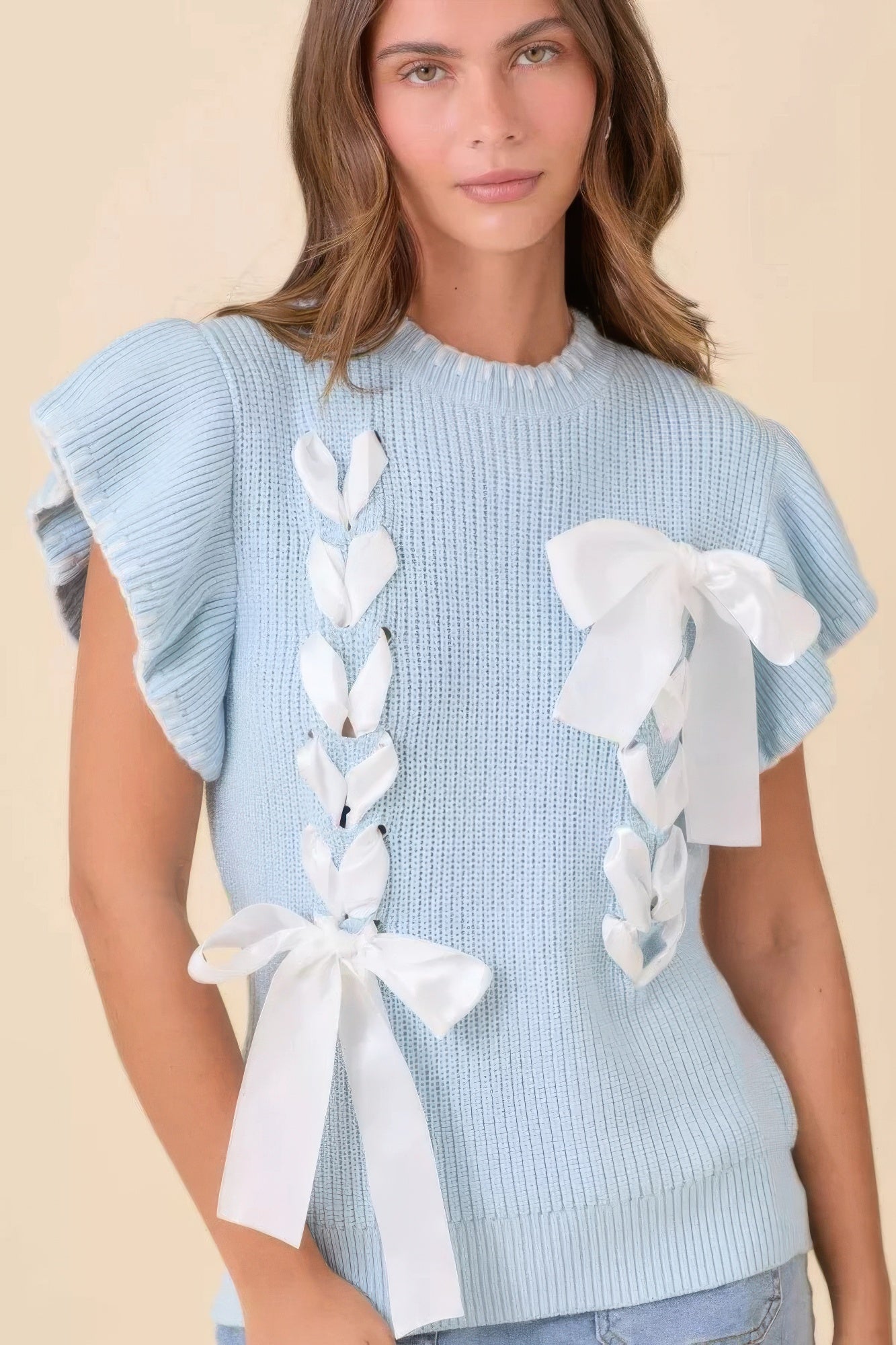 Weaved Ribbon Bow Detail Sweater Knit Top-Product Type | Naughty Smile Fashion