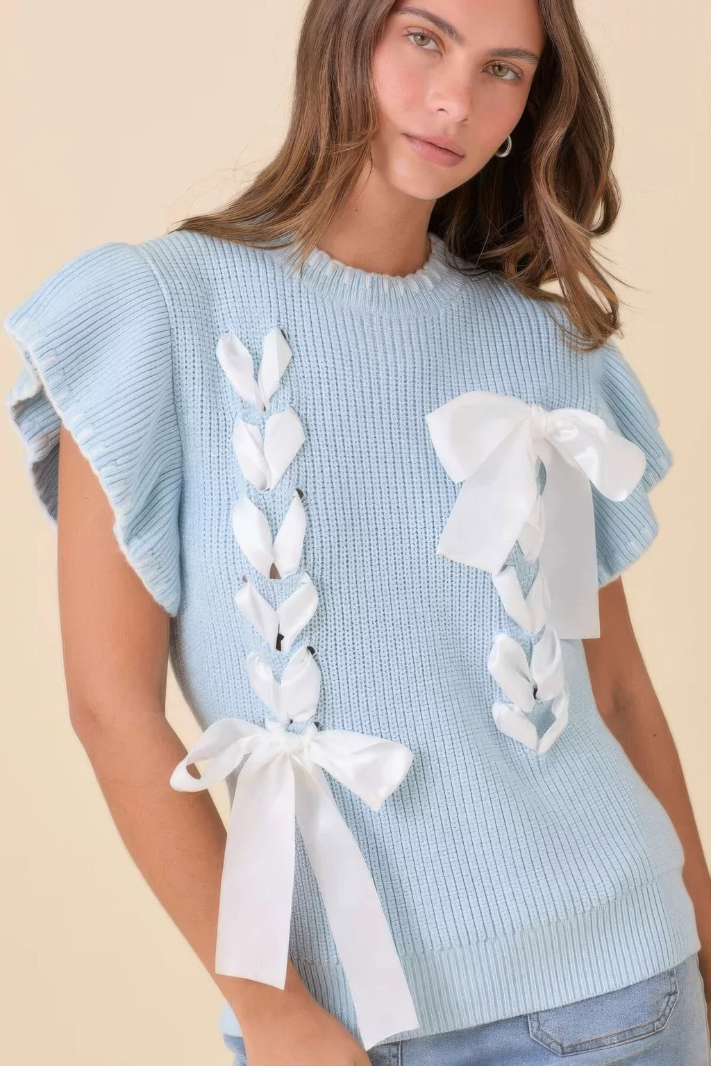 Weaved Ribbon Bow Detail Sweater Knit Top-Product Type | Naughty Smile Fashion