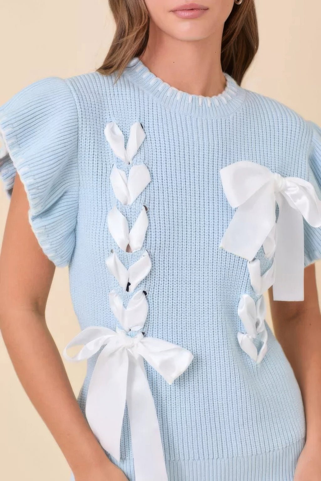 Weaved Ribbon Bow Detail Sweater Knit Top-Product Type | Naughty Smile Fashion