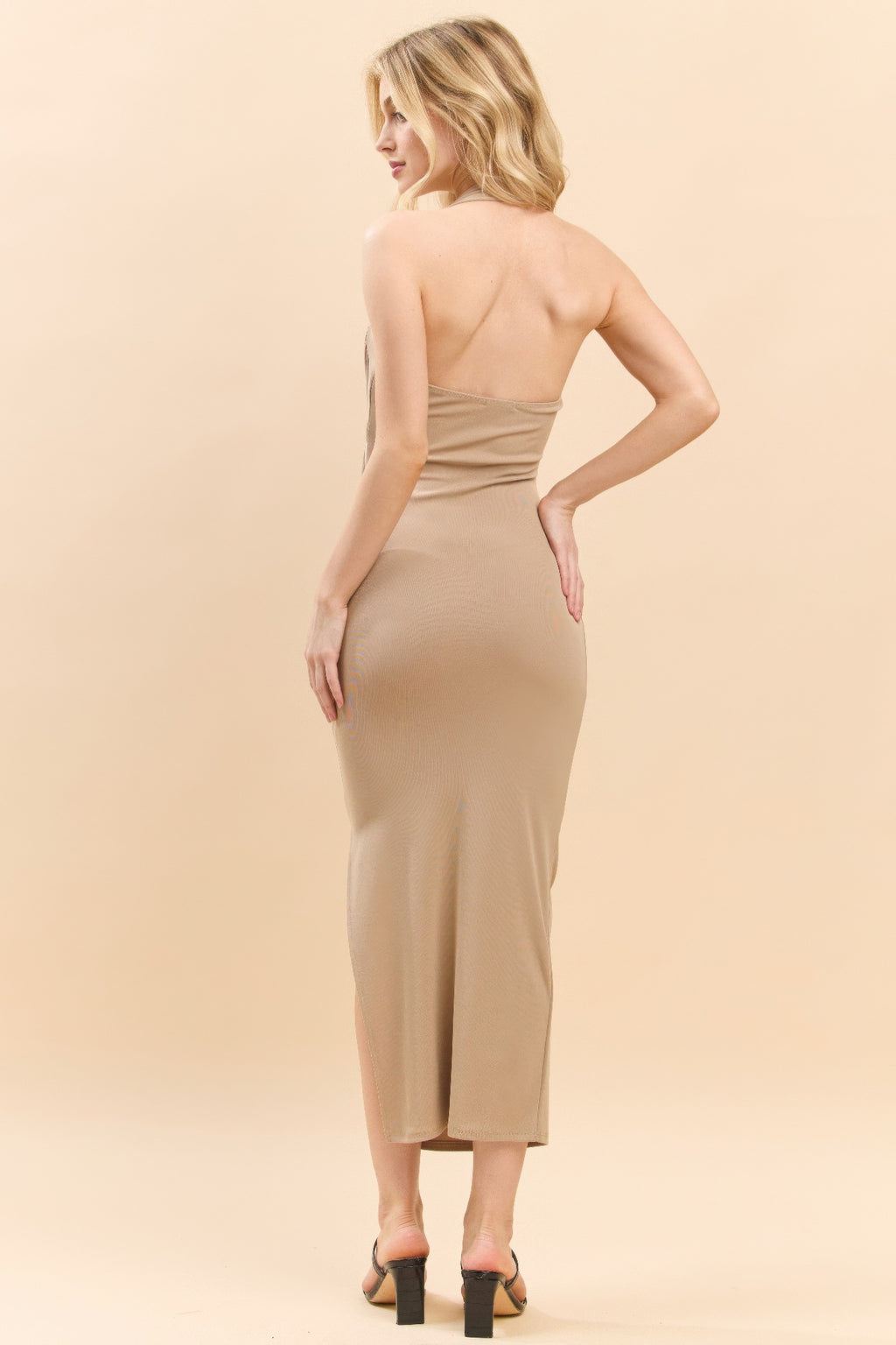 Halter Neck Ruched Asymeettrical Side Slit Dress-Product Type | Naughty Smile Fashion