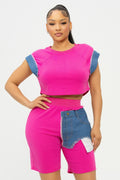 Color Block Denim Sleeve Top And Biker Shorts Set-Product Type | Naughty Smile Fashion
