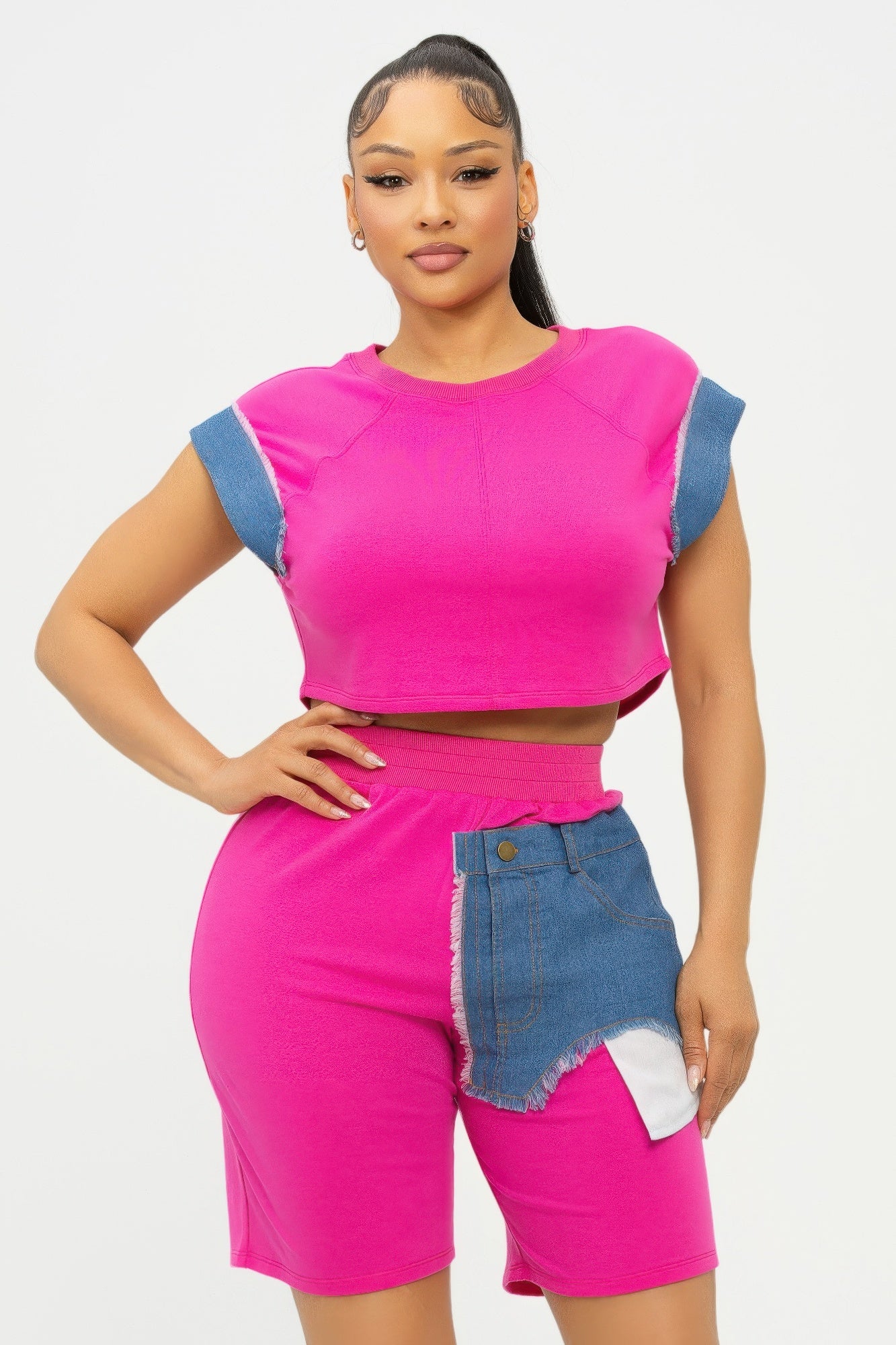 Color Block Denim Sleeve Top And Biker Shorts Set-Product Type | Naughty Smile Fashion