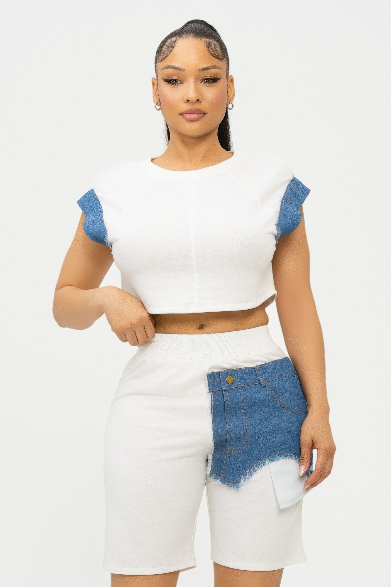 Color Block Denim Sleeve Top And Biker Shorts Set-Product Type | Naughty Smile Fashion
