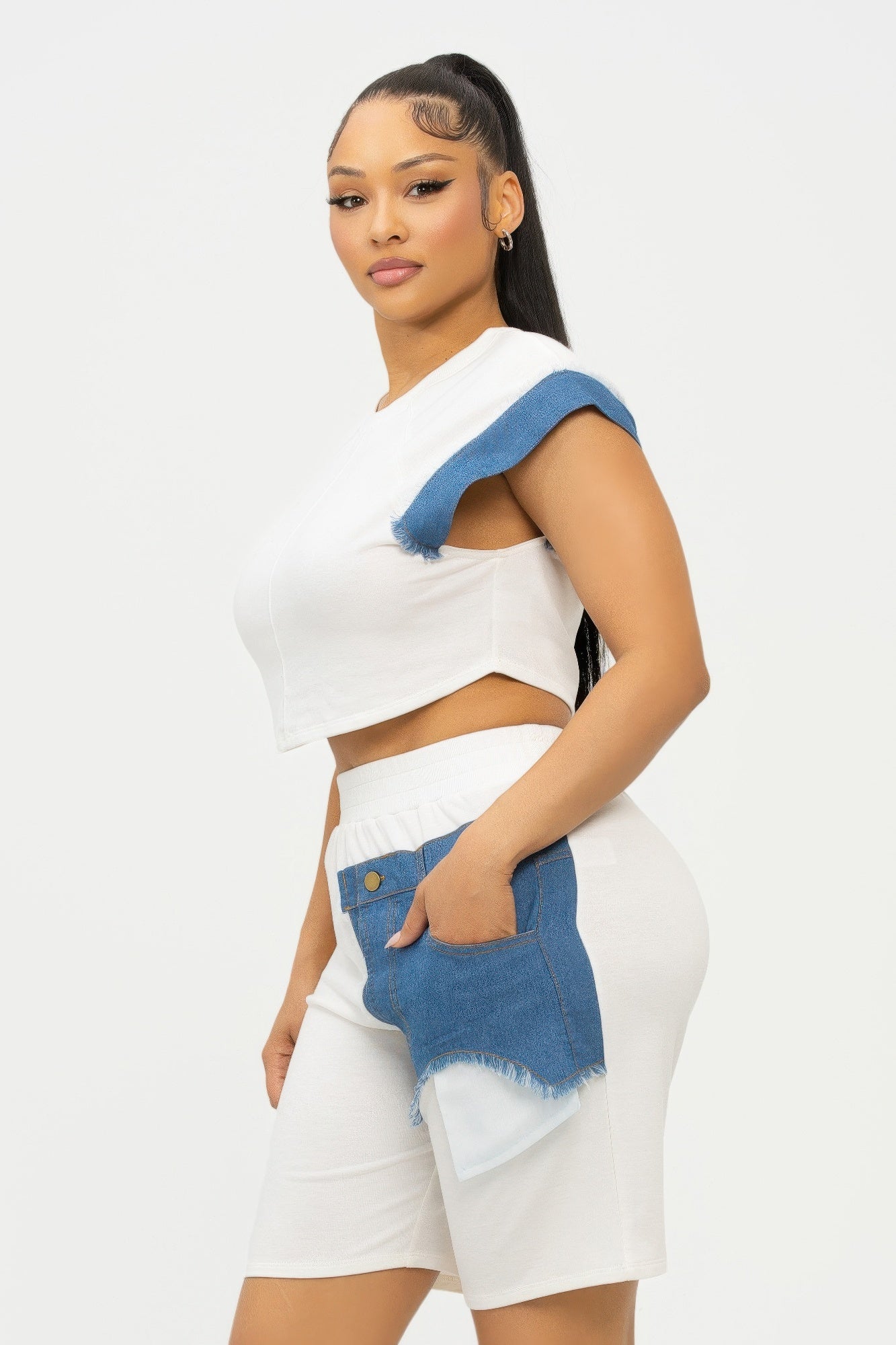 Color Block Denim Sleeve Top And Biker Shorts Set-Product Type | Naughty Smile Fashion