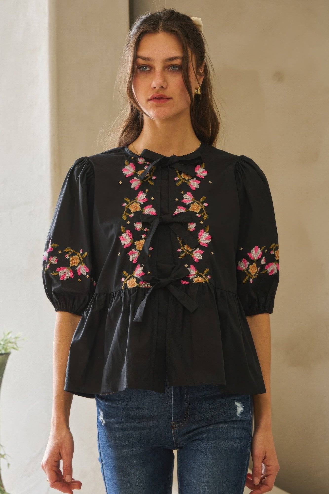 Poplin Front Ribbon Tie Blouse-Product Type | Naughty Smile Fashion