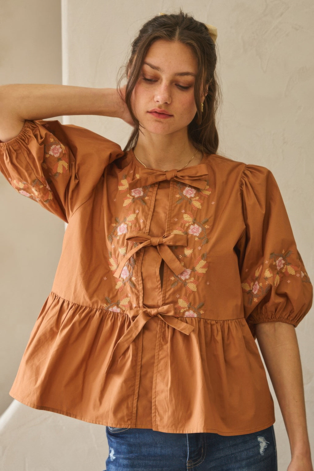 Poplin Front Ribbon Tie Blouse-Product Type | Naughty Smile Fashion