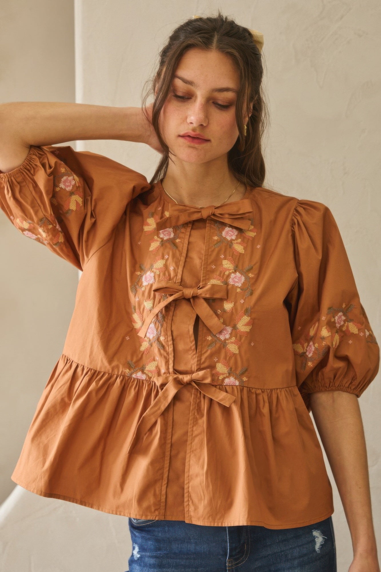 Poplin Front Ribbon Tie Blouse-Product Type | Naughty Smile Fashion