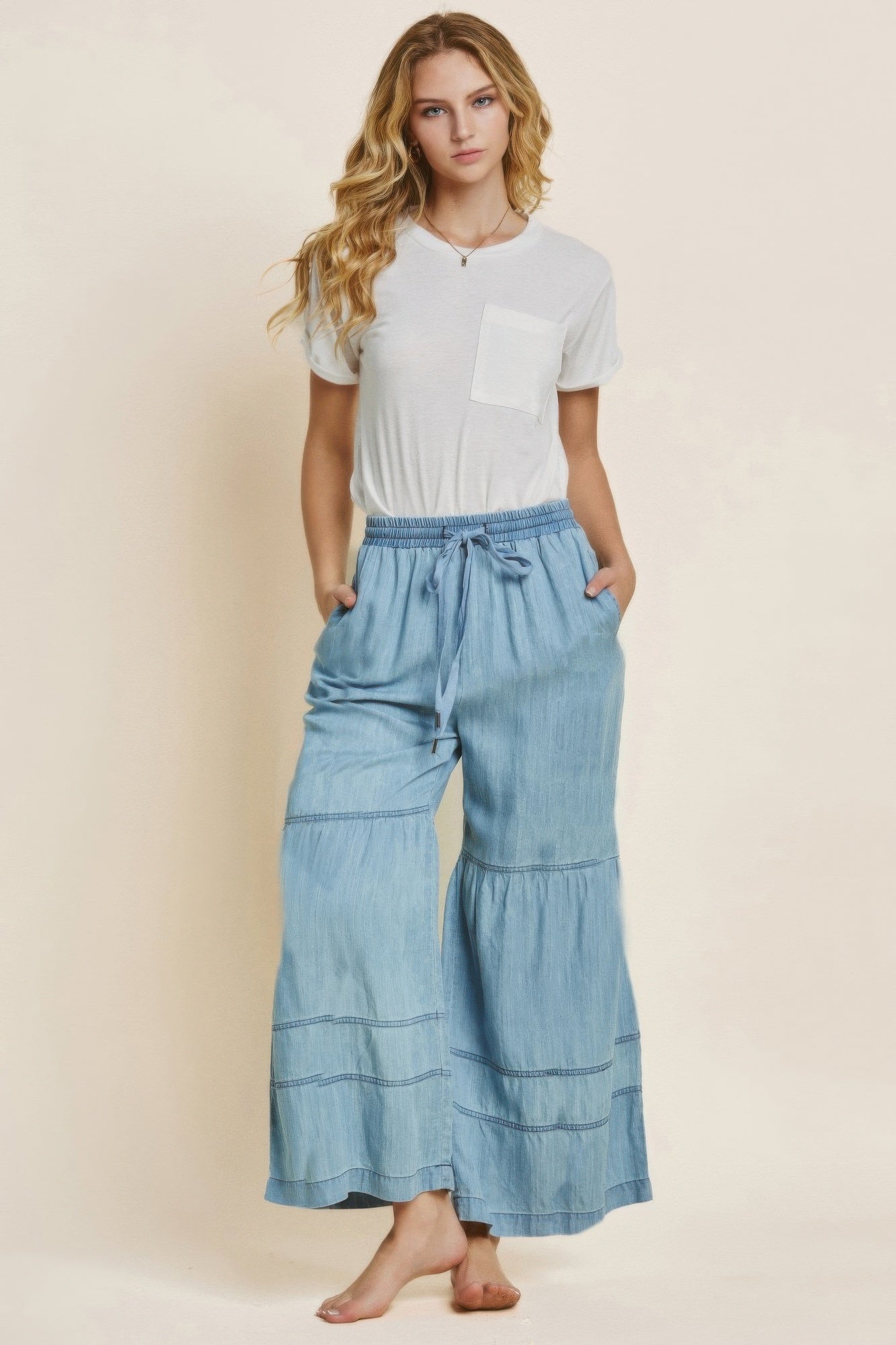 Washed Denim Tiered Wide Leg Pants-Product Type | Naughty Smile Fashion