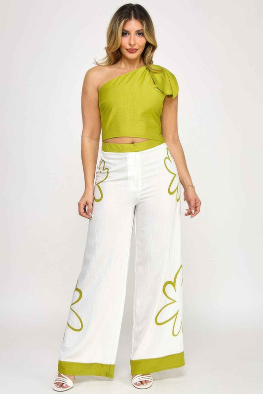 New Arrival – Bow One Shoulder Top With Print Pants Set – New Arrival Now Live