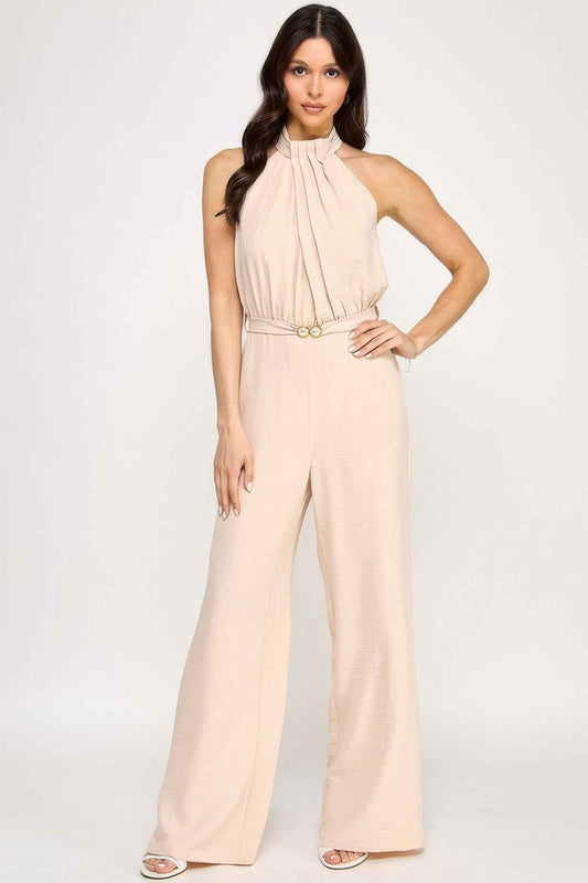 New Arrival – Halter Neck Pleated Top With Beaded Belt Jumpsuit – New Arrival Now Live