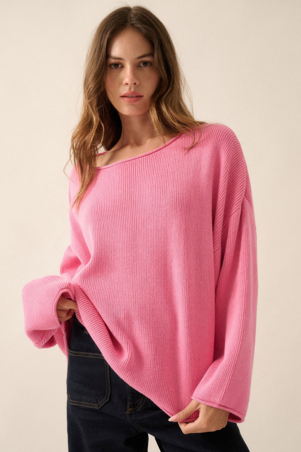 Solid Rib-knit Oversized Boatneck Sweater-Product Type | Naughty Smile Fashion