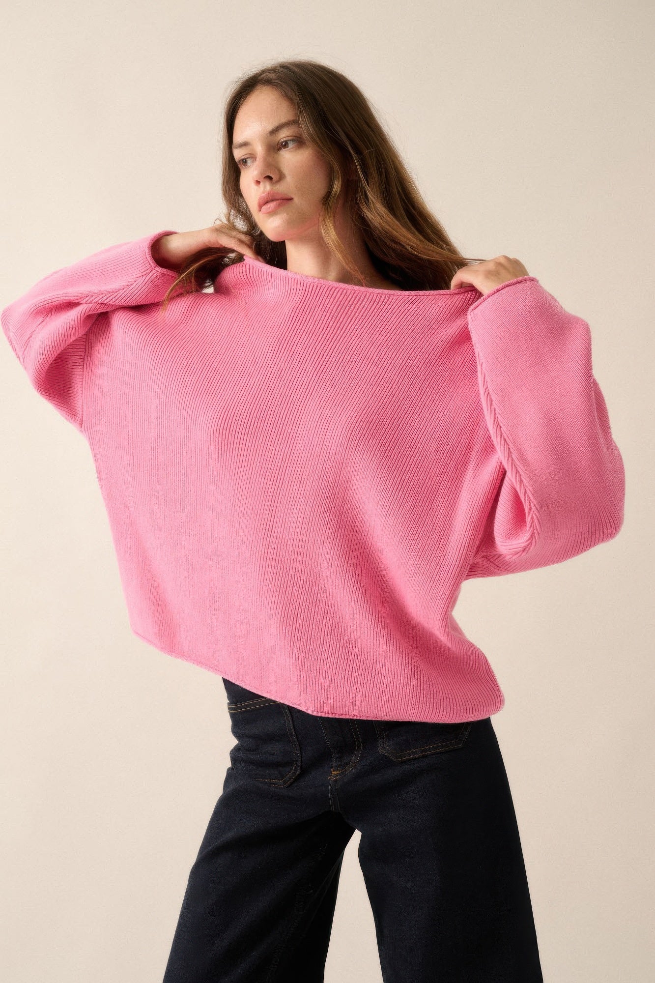 Solid Rib-knit Oversized Boatneck Sweater-Product Type | Naughty Smile Fashion