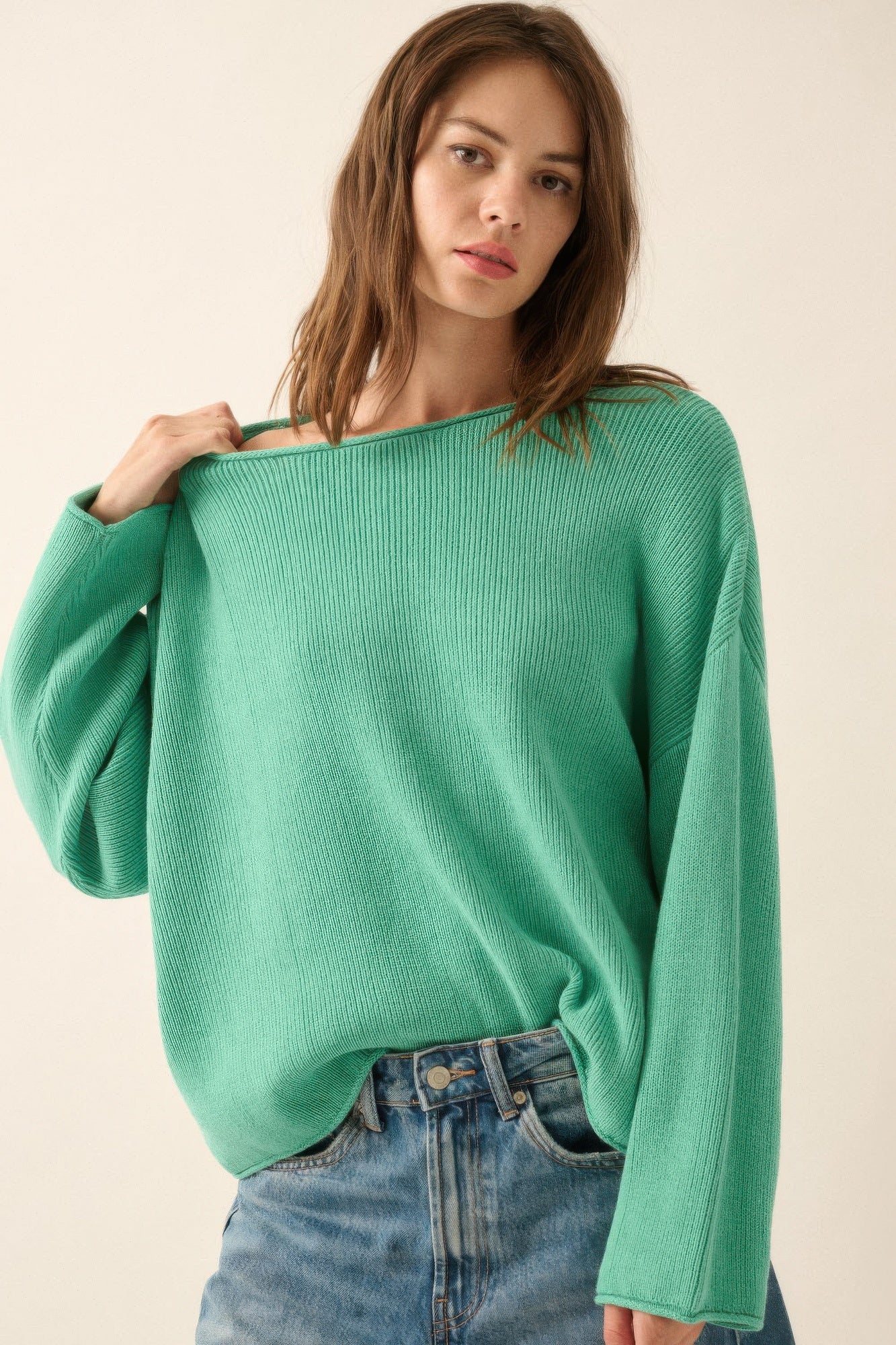 Solid Rib-knit Oversized Boatneck Sweater-Product Type | Naughty Smile Fashion
