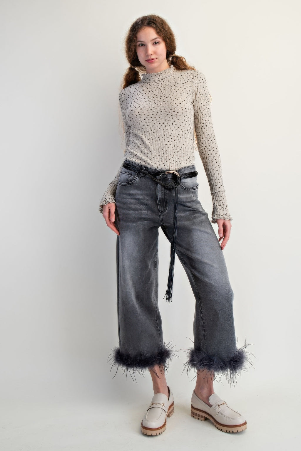 Fur Bottom Hem Washed Stretch Denim Pants-Product Type | Naughty Smile Fashion