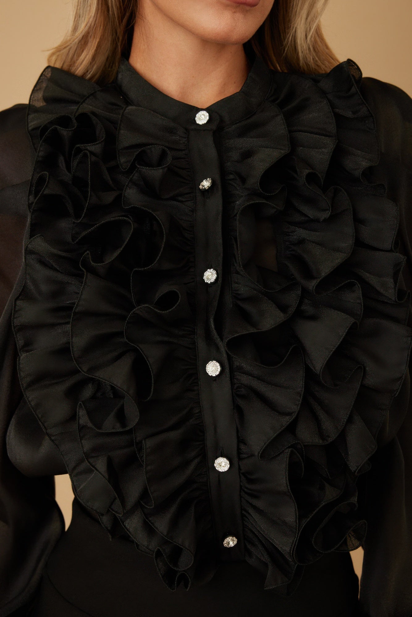 Ruffle Micro Crystal Long Sleeve Blouse-Product Type | Naughty Smile Fashion