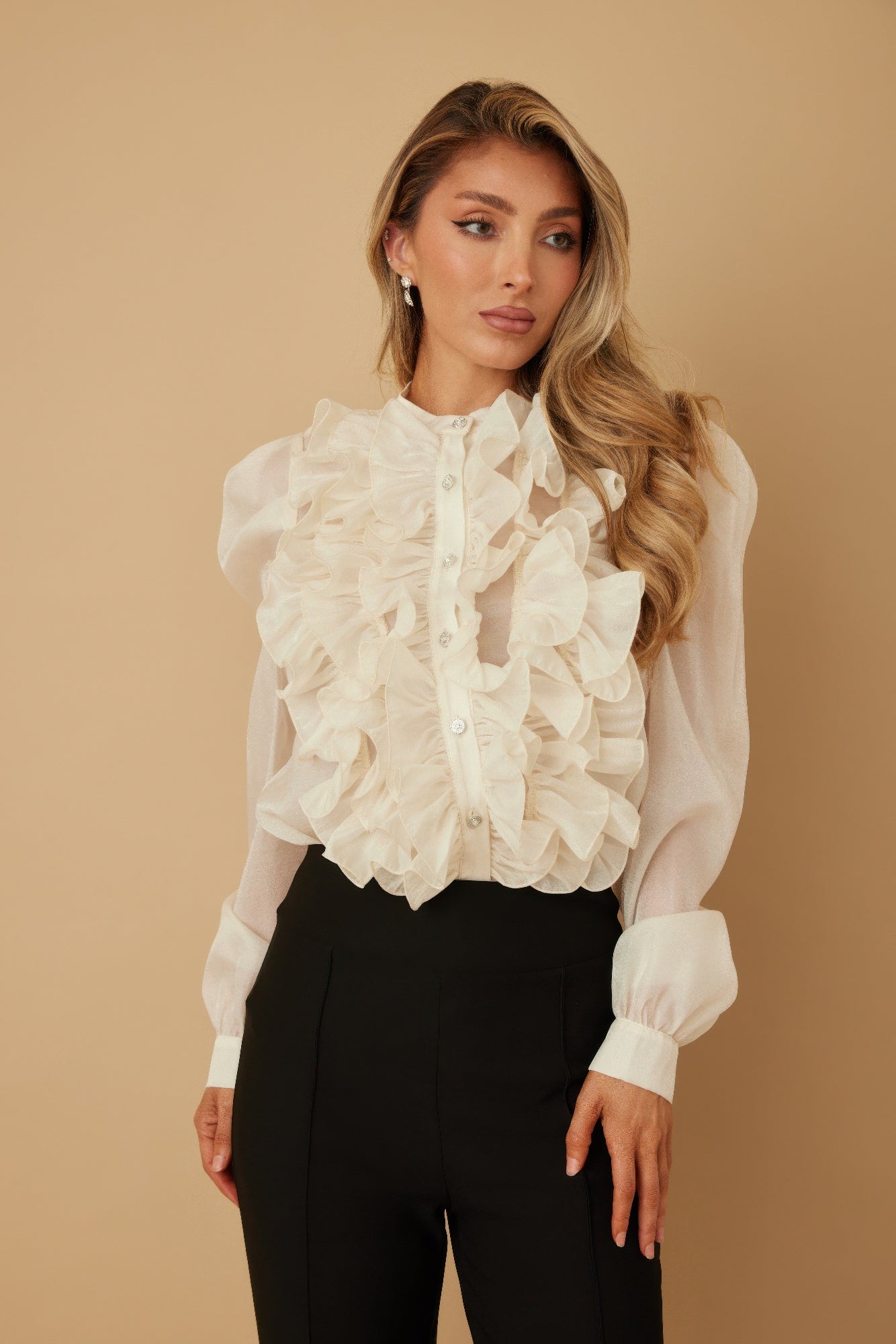 Ruffle Micro Crystal Long Sleeve Blouse-Product Type | Naughty Smile Fashion