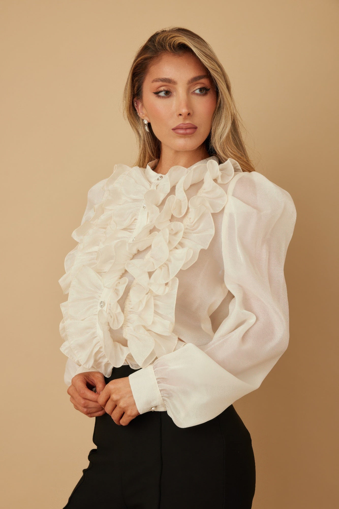 Ruffle Micro Crystal Long Sleeve Blouse-Product Type | Naughty Smile Fashion