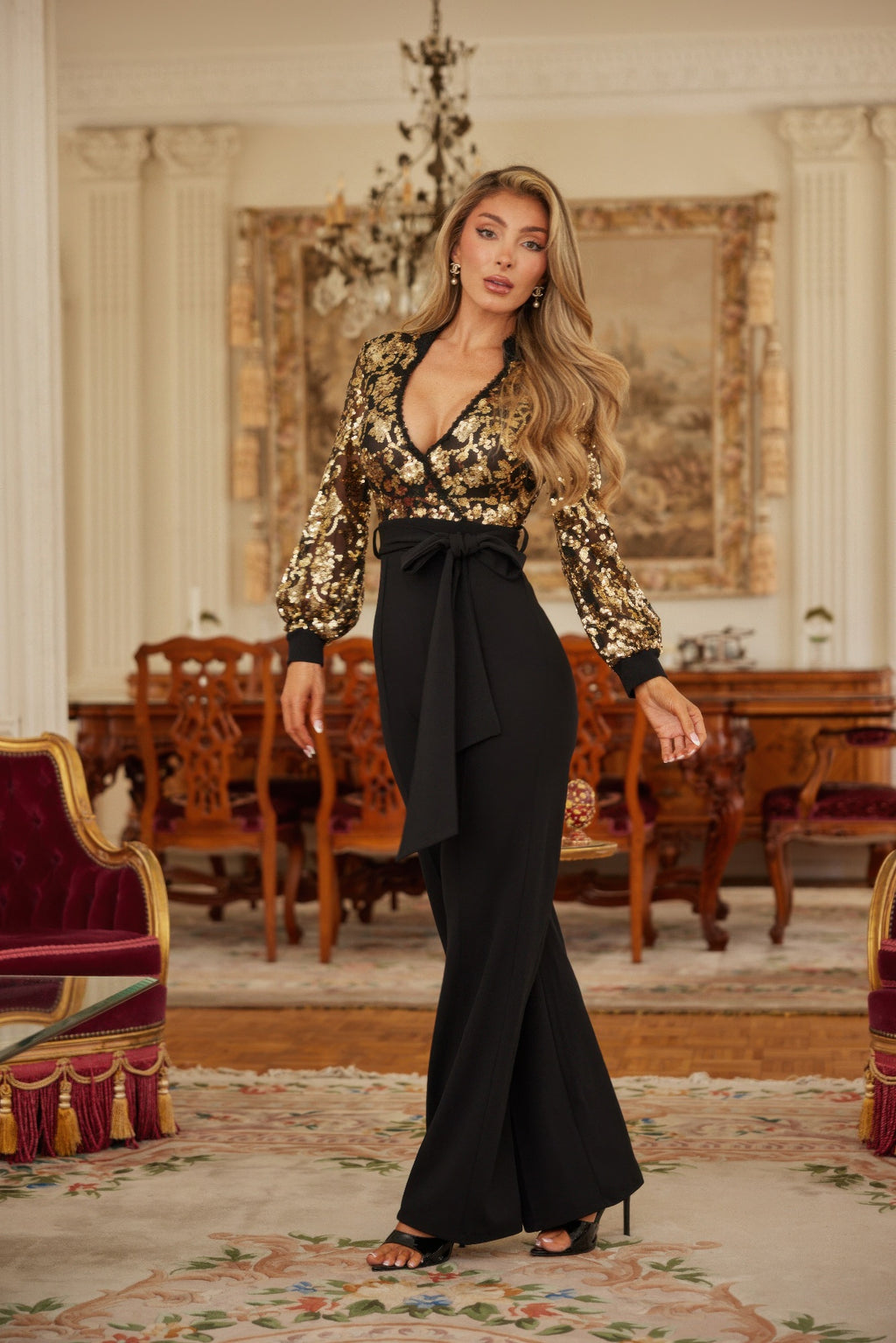 Flower Vein Sequin Print Jumpsuit-Product Type | Naughty Smile Fashion