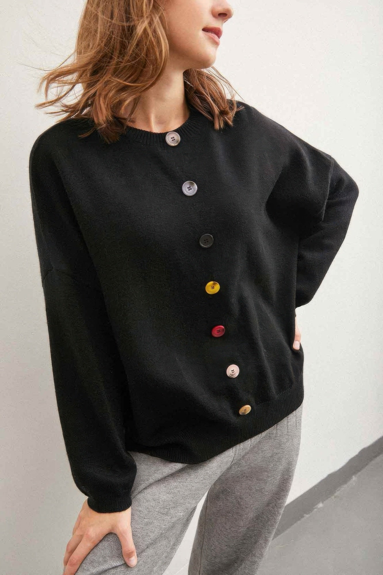 Solid Sweater With Colorful Buttons-Product Type | Naughty Smile Fashion