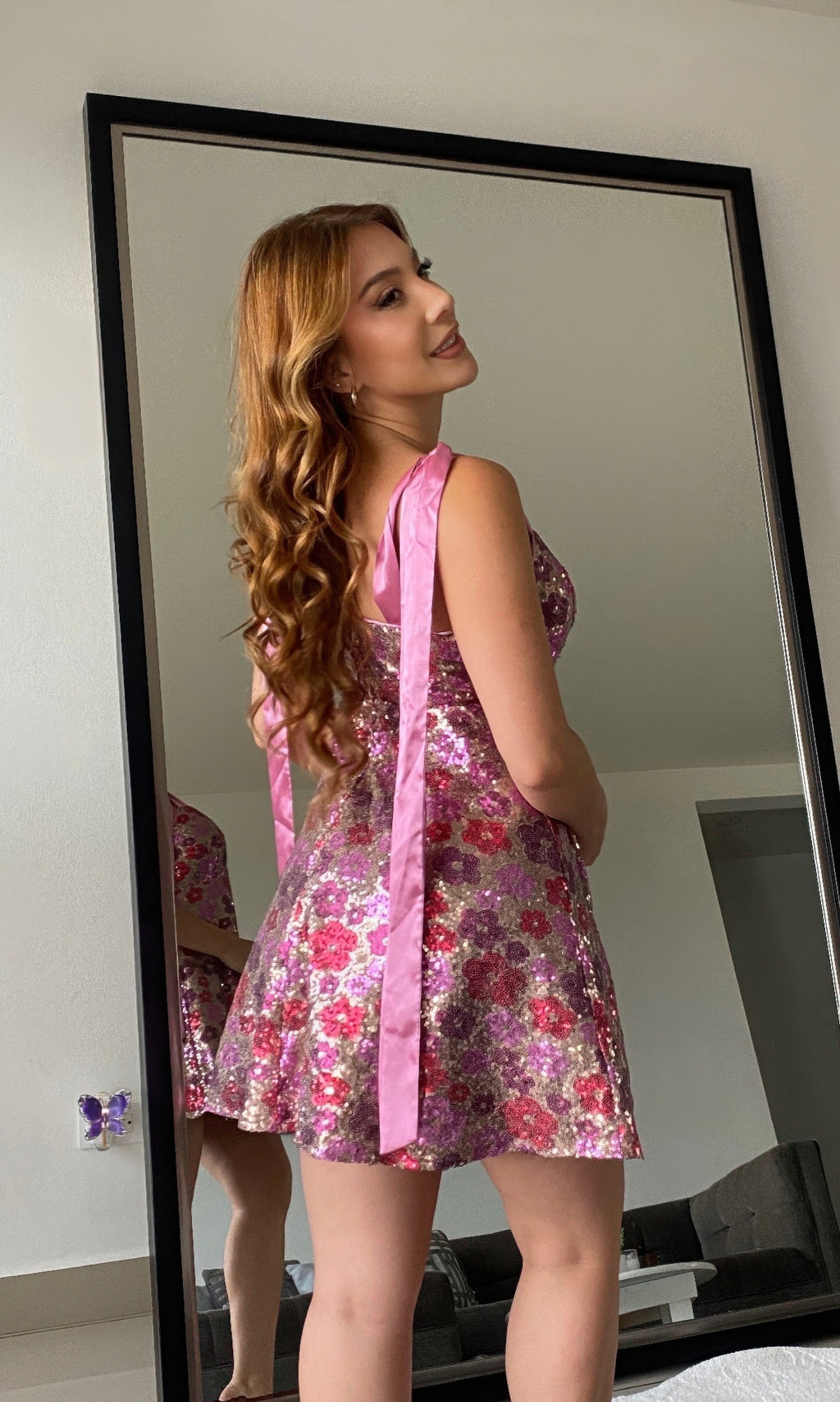 Women's Sequin Floral Mini Dress    Ties On Shoulders-Product Type | Naughty Smile Fashion