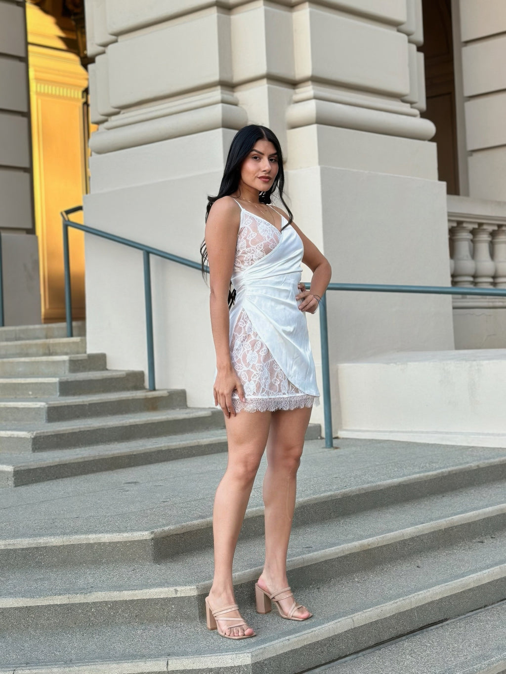 Sexy Party Satin Wrap Like & Lace Nude Mini Dress-Product Type | Naughty Smile Fashion