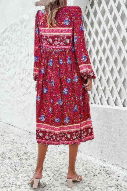Cross Knot Floral Print Loose Fit V Neck Dress